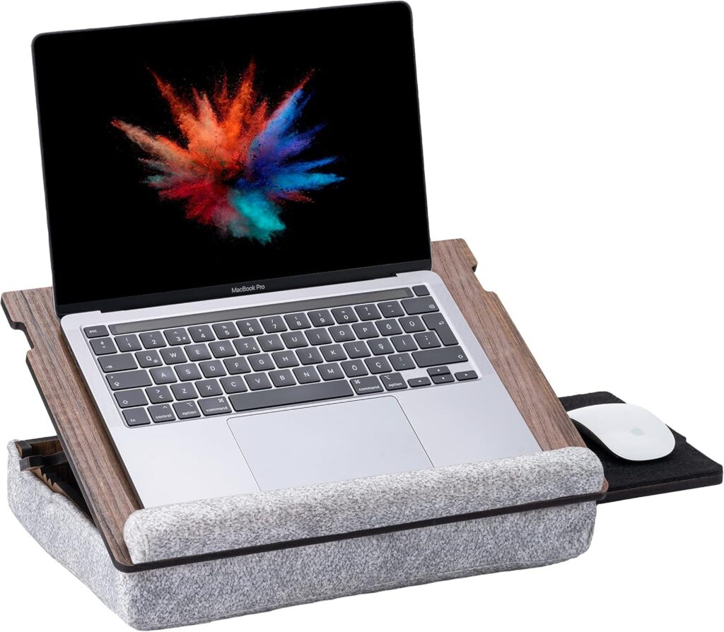 Laptop Tray – Lap Tray with Cushion, Laptop Table for Bed & Sofa, Adjustable Lap Desk, Portable Bed Table for Work & Study, Ergonomic Wooden Stand for Home Office (Walnut)